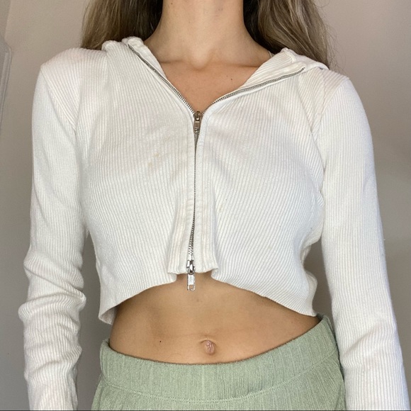 Brandy Melville Sweaters - White Arden zip up long sleeve with hood